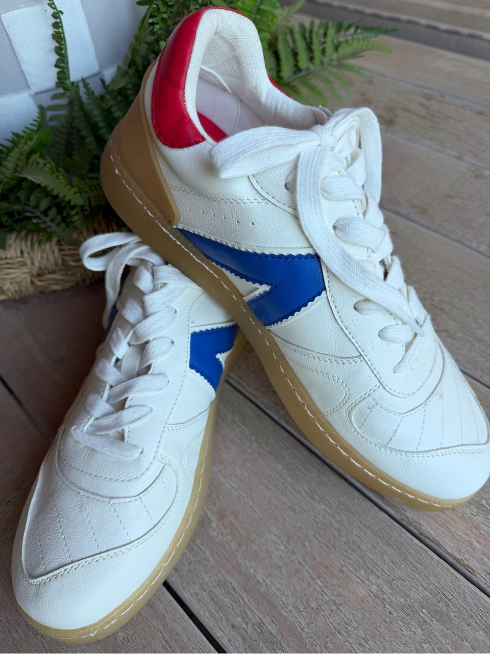 Mia Vesta White Lace-Up Sneakers with Blue Side Stripe and Red Heel